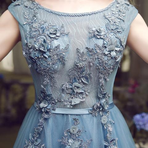 Blue round neck tulle lace long prom dress, blue evening dress BD98010