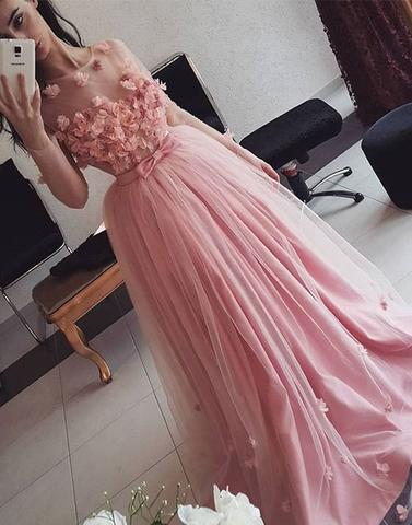 Pink 3D flowers tulle long prom dress, evening dress