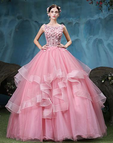 Pink round neck lace tulle long prom dress, sweet 16 dress,072001