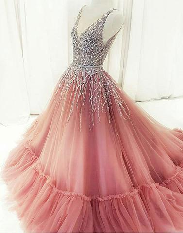 Custom made v neck tulle beaded long prom dresses, pink evening dresses,BD1114