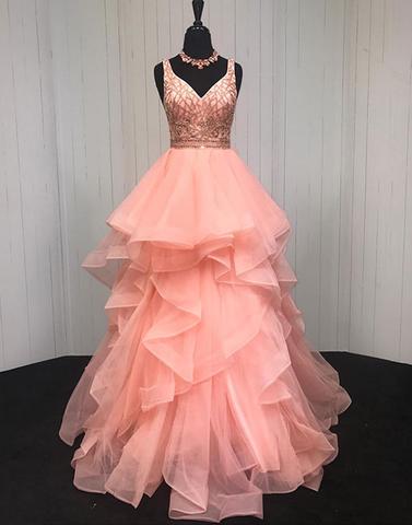 Pink v neck tulle long prom dresses, evening dresses,072502