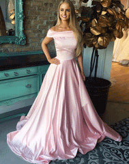 Pink satin off shoulder long prom dress, pink evening dresses,PD790016