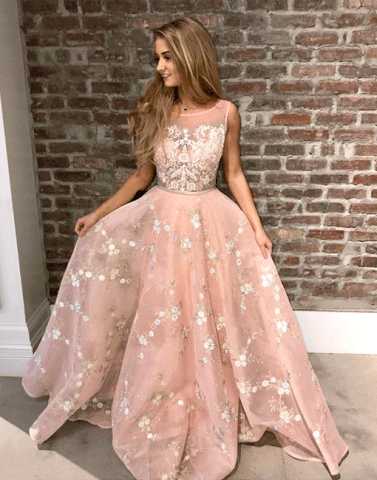 Pink round neck lace long prom dress, pink evening dresses,PD790003