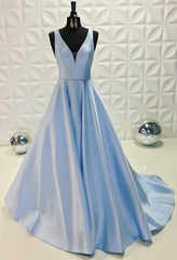 pretty light blue satin long prom dresses v-neck evening gowns 2018,PD455865