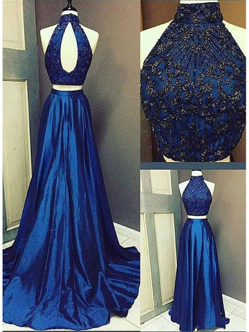 Halter Royal Blue Beaded Evening Dress, Sexy Two Piece Long Prom Dresses,BD455850