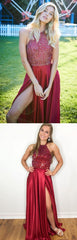 chic popular burgundy side slit beaded long prom dress,HO133