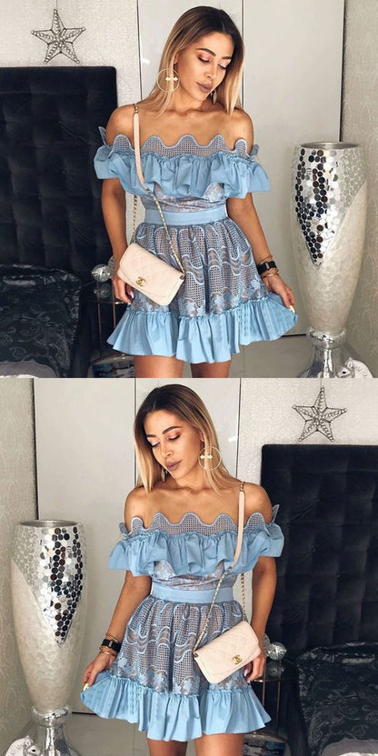 A-Line Off the Shoulder Blue Tulle Homecoming Dress with Lace Ruffles,BH91019