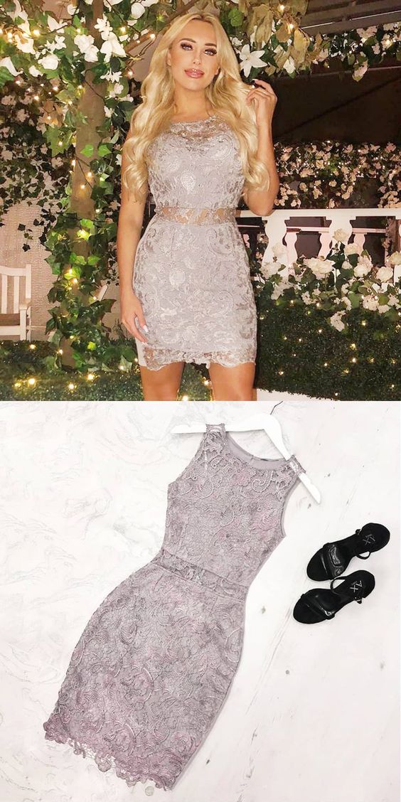 Sheath Jewel Grey Lace Short Homecoming Dress,BH91013