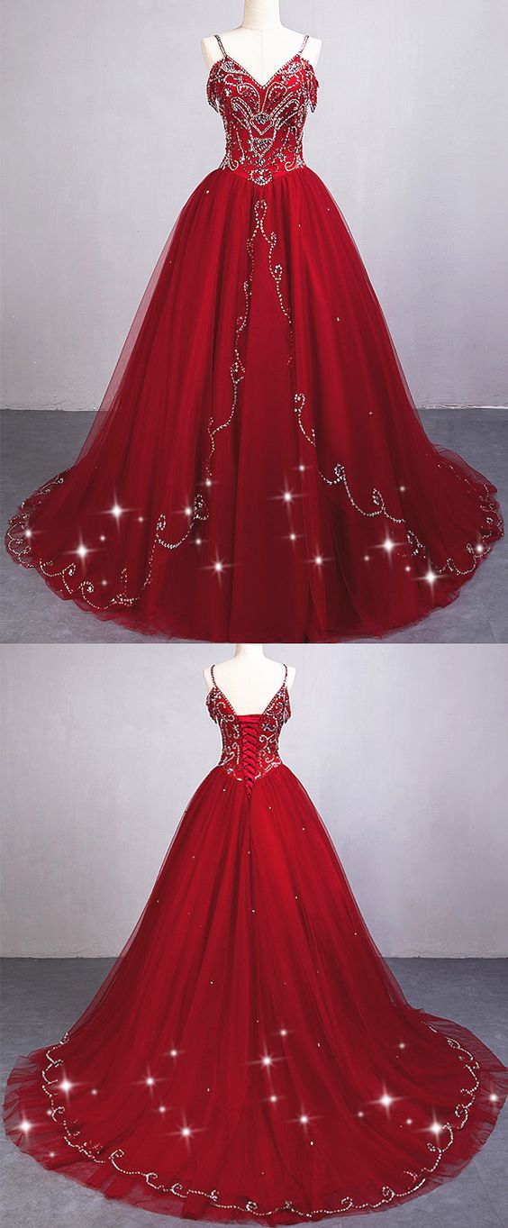 Tulle Spaghetti Straps Neckline Ball Gown Quinceanera Dresses With Beading,BH91034