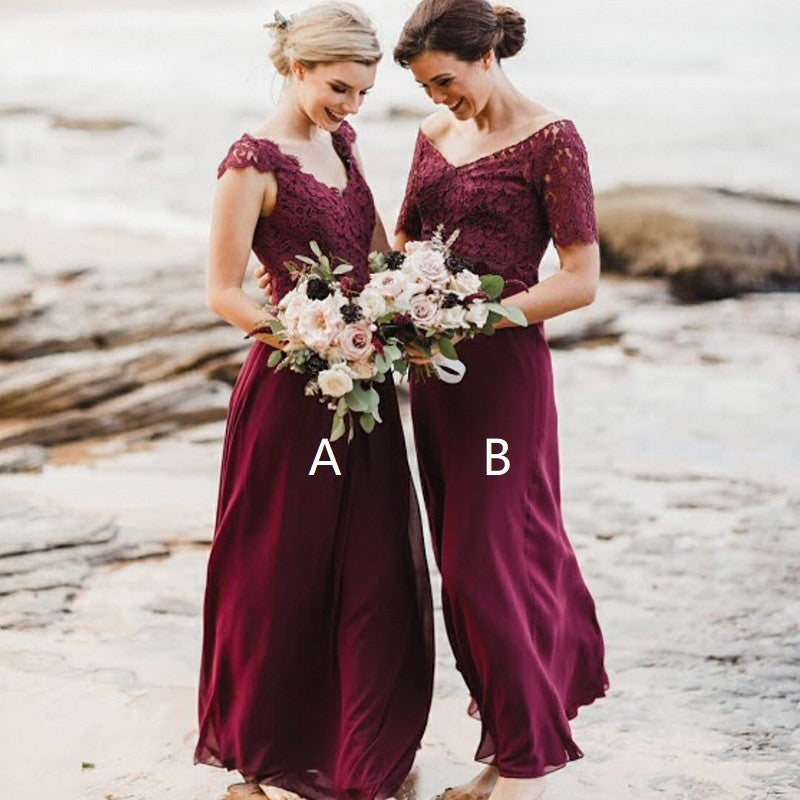 A-Line V-Neck Long Burgundy Bridesmaid Dress with Lace,BH91101