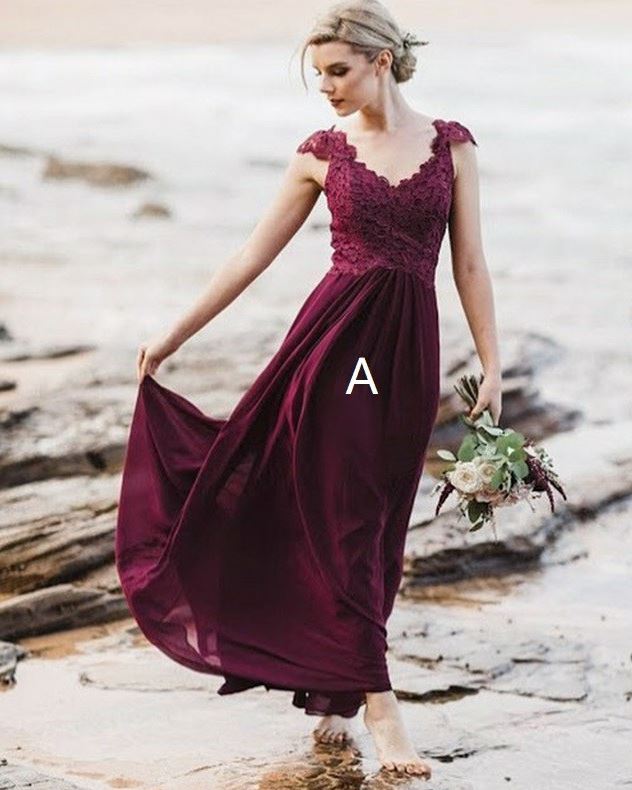 A-Line V-Neck Long Burgundy Bridesmaid Dress with Lace,BH91101