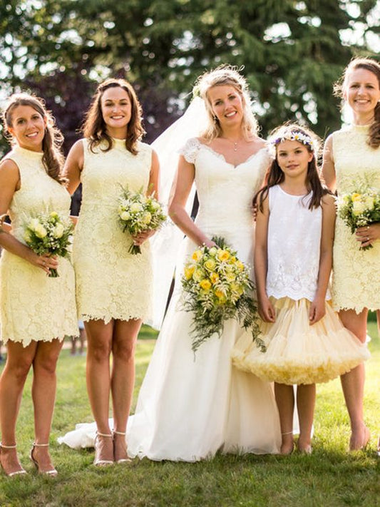 Unique short bridesmaid dresses, yellow lace short bridesmaid dresses,BH91121