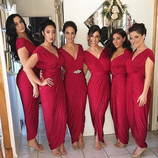 Sexy V Neck Sleeveless Burgundy Chiffon Long Bridesmaid Dresses,BH91119