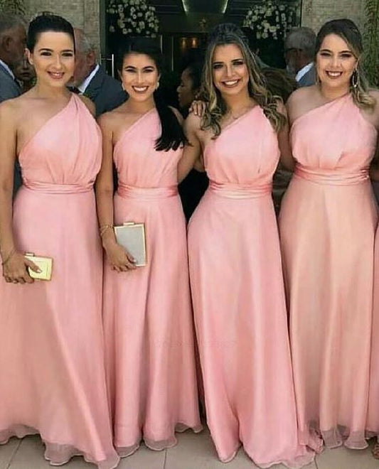 A-Line One Shoulder Floor Length Pink Bridesmaid Dress,BH91118