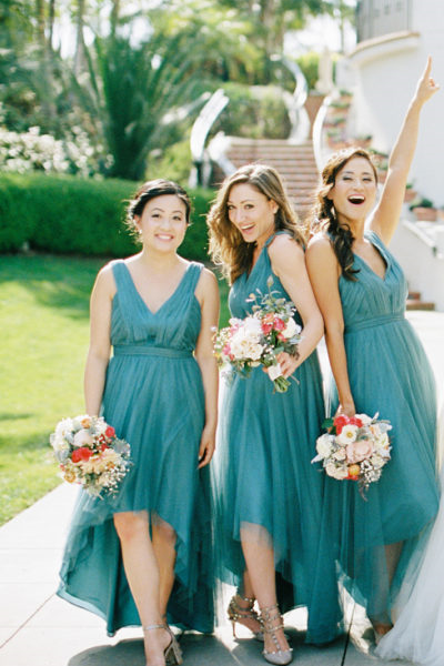 Pleated Teal Hi-lo Bridesmaid Dresses with Tulle Skirt,BH91126