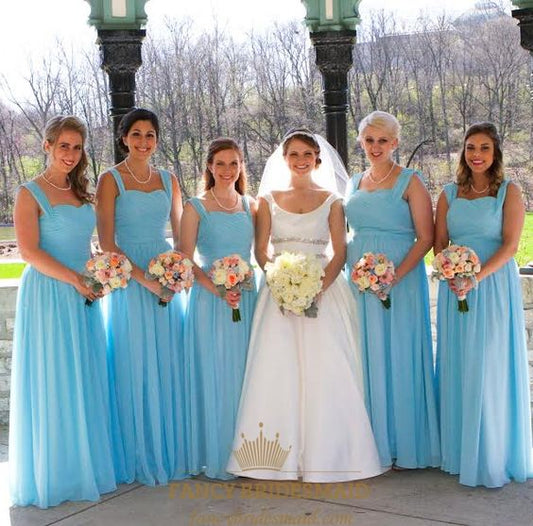 High Quality Light Blue Sleeveless Ruched Chiffon Long Bridesmaid Dress With Straps,BH91133