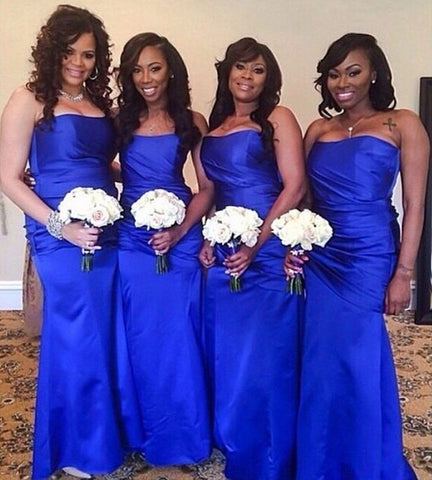 Fashion Royal Blue Satin Bridesmaid Dress Strapless Long Dress For Wedding Party,BH91134