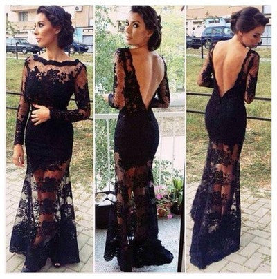 Black prom Dress,Lace Prom Dresses,Long sleeves Backless prom dress,Evening dress,BD044