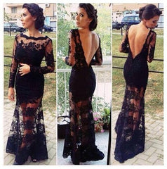 Black prom Dress,Lace Prom Dresses,Long sleeves Backless prom dress,Evening dress,BD044