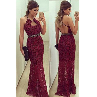 burgundy Prom Dress,long Prom Dress,lace Prom dress,backless prom Dress,evening Dress,BD605