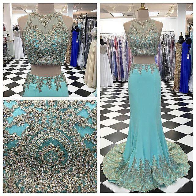 Lace Appliqued prom dress,Mermaid Prom Dress,Two Pieces Evening Dress,long evening dress,BD910