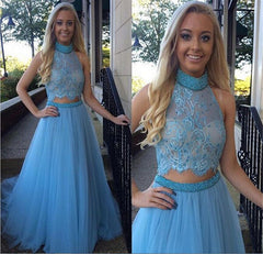 blue prom Dress,two pieces Prom Dress,high neck prom dress,long prom dress,party dress,BD1413