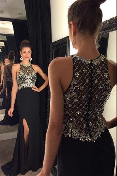 black Prom Dresses,beaded prom dress,charming prom Dress,side slit prom dress,formal evening dress,BD2418