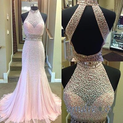 pink Prom Dresses,beaded prom dress,charming prom Dress,high neck prom dress,new arrive prom gown,BD2414