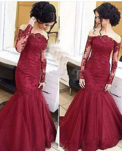 lace Prom Dresses,mermaid prom dress,off shoulder prom Dress,long sleeves prom dress,formal evening gown,BD2420