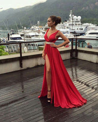 red Prom Dresses,v-neck prom dress,side slit prom Dress,long prom dress,charming evening gown,BD2421