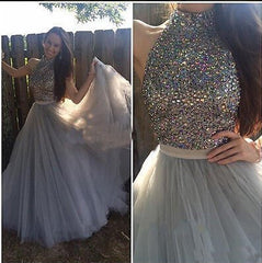 high neck Evening Dress,gray Prom Dress,A-line prom dress,tulle prom dress,BD2706