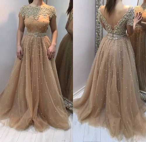 long prom dress,gorgeous prom dress,beaded prom dress,short sleeves prom dress,BD2623