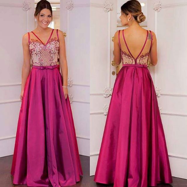 chic hot pink satin A-line v-neck long prom dress,HO137