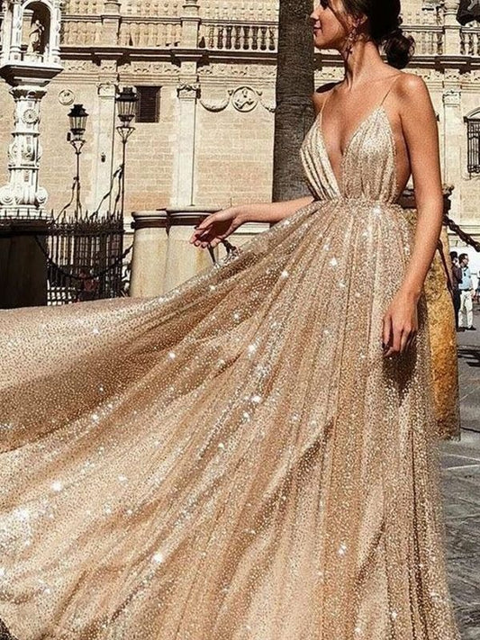 A Line Shiny V Neck Side Slit Champagne Backless Sequence Long Prom Dresses BD22098