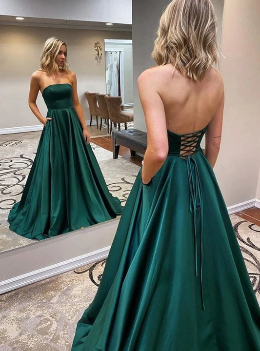 A Line Satin Strapless Hunter Long Prom Dresses Lace Up With Pockets BD22092