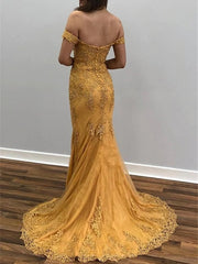 Gold Off Shoulder Sweetheart Lace Sheath Long Prom Dresses BD22097