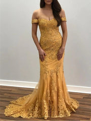 Gold Off Shoulder Sweetheart Lace Sheath Long Prom Dresses BD22097