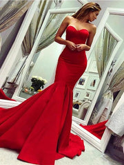 Satin Mermaid Sweetheart Red Long Prom Dresses BD22096