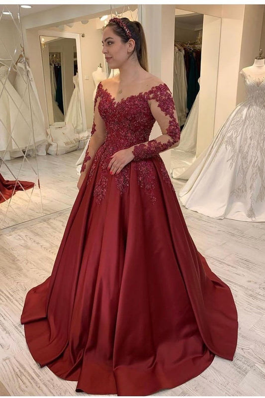 A Line Satin Burgundy Long Sleeves Appliques Long Prom Dresses BD22089