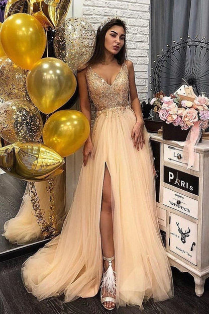 A Line Beaded Champagne Tulle V Neck Long Prom Dresses BD22087