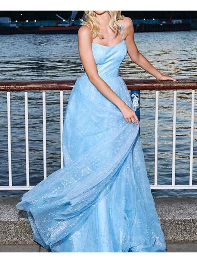 A Line Blue Tulle Halter Long Prom Dresses BD22086