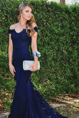 Sheath Dark Navy Off Shoulder Lace Long Prom Dresses BD22094