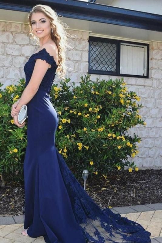 Sheath Dark Navy Off Shoulder Lace Long Prom Dresses BD22094