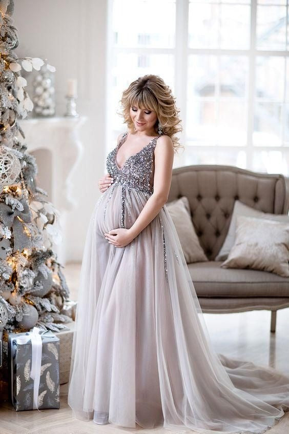 A Line Silver V Neck Beaded Pregant Tulle Long Prom Dresses BD22115