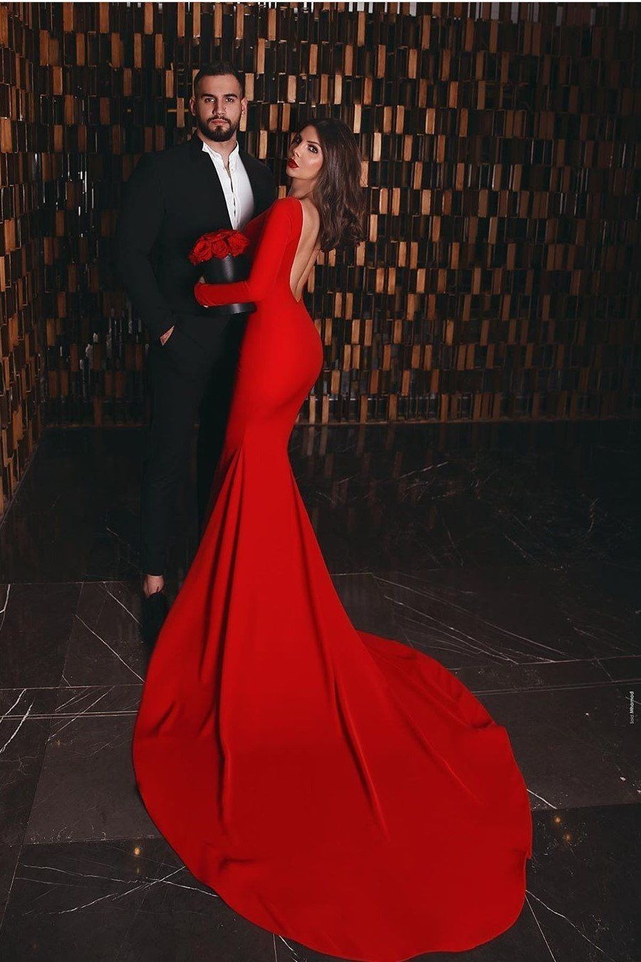 Mermaid Long Sleeves Red Backless Long Prom Dresses BD22120