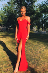 Red Sheath Side Slit Off Shoulder Long Prom Dresses BD22119