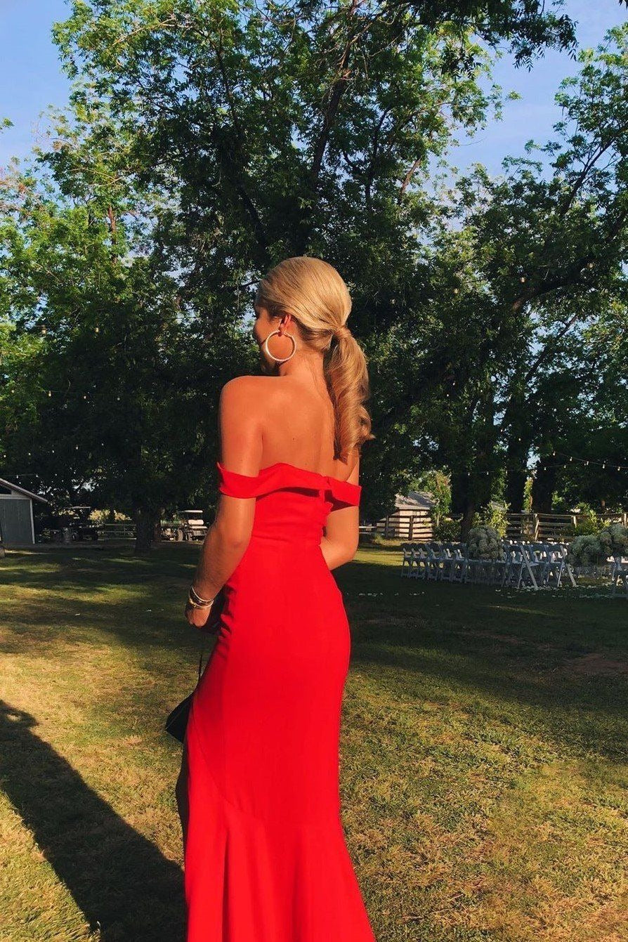 Red Sheath Side Slit Off Shoulder Long Prom Dresses BD22119