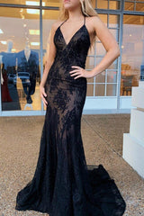 Black Sheath Sweetheart Halter Lace Backless Long Prom Dresses BD22118