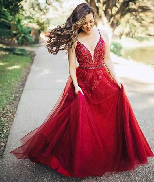 A Line Tulle Backless Sweetheart Red Beaded Long Prom Dresses BD22112