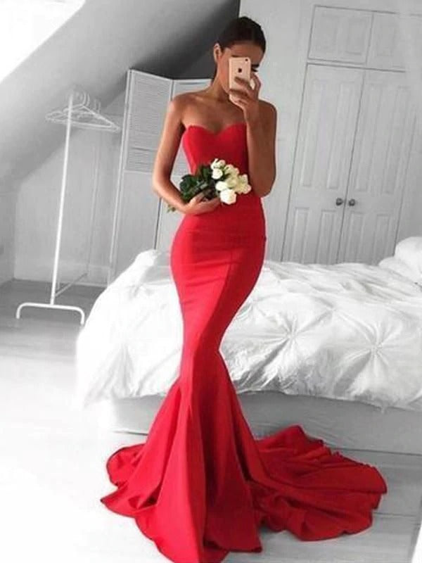 Mermaid Red Satin Strapless Long Prom Dresses BD22109